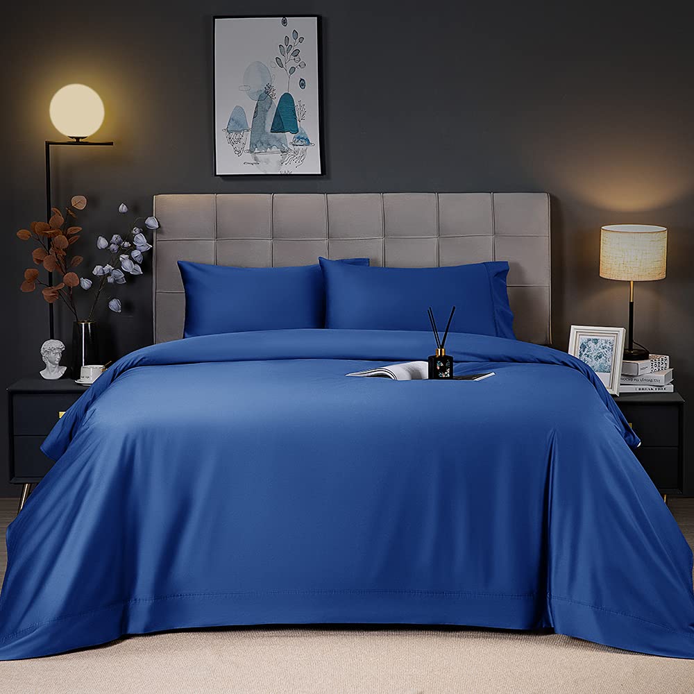 Shilucheng Cooling Breathable Bamboo_ Bed Sheets Set - 1800 Thread Count Super Silky Soft With 16 Inch Deep Pocket, 4 Piece (California King,Navy Blue)